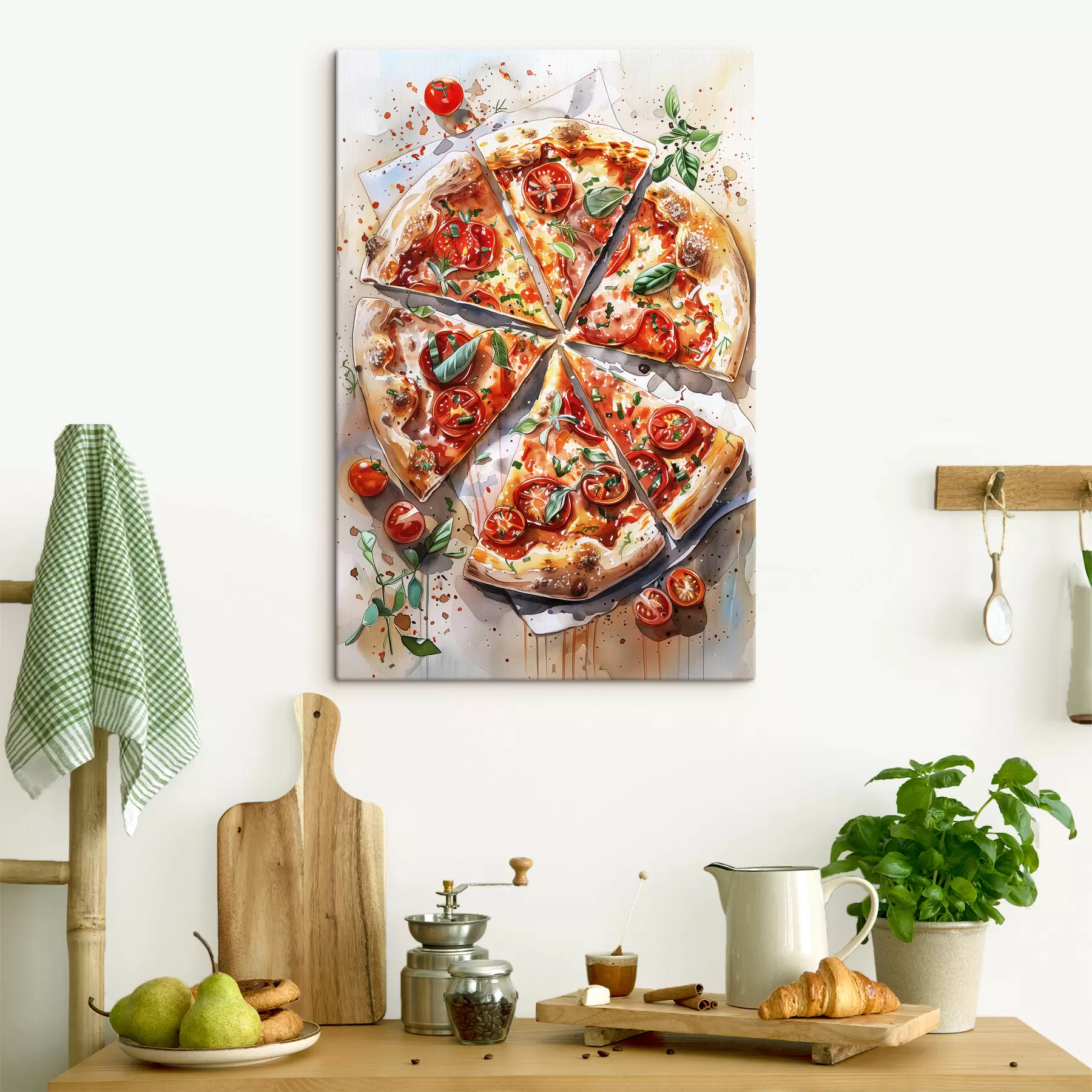 murales de pared Pizza acuarela, deliciosa, tomates y queso, arte alimentario, mesa de madera s39704