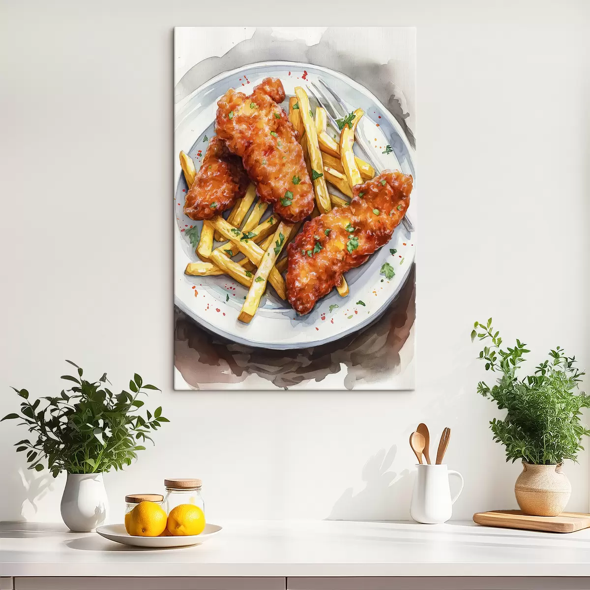 murales de pared Arte gastronómico en acuarela, papas fritas con pollo asado, delicioso  s39708