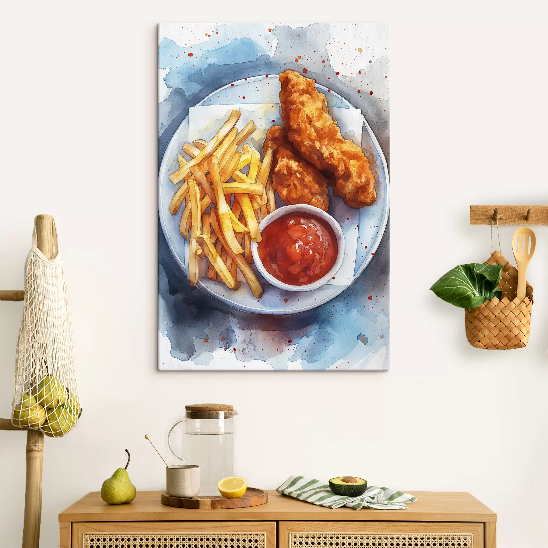 murales de pared Comida callejera acuarela, papas fritas con pollo asado, deliciosa  s39709