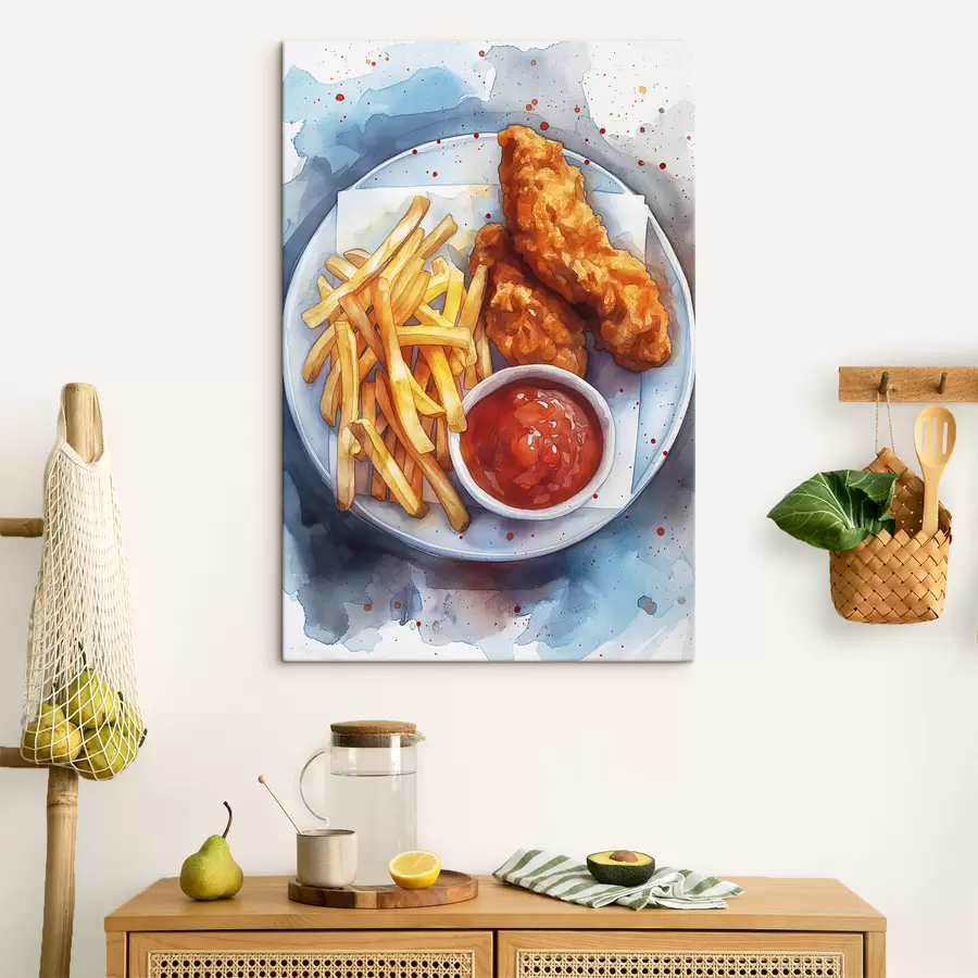 murales de pared Comida callejera acuarela, papas fritas con pollo asado, deliciosa  s39709