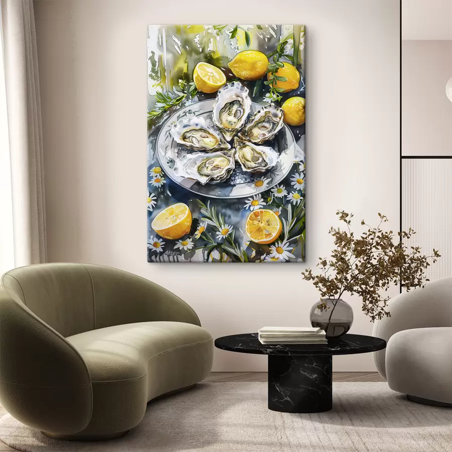 murales de pared Ostras elegantes en el plato, limones y flores, colores de verano, mediterráneo s39710