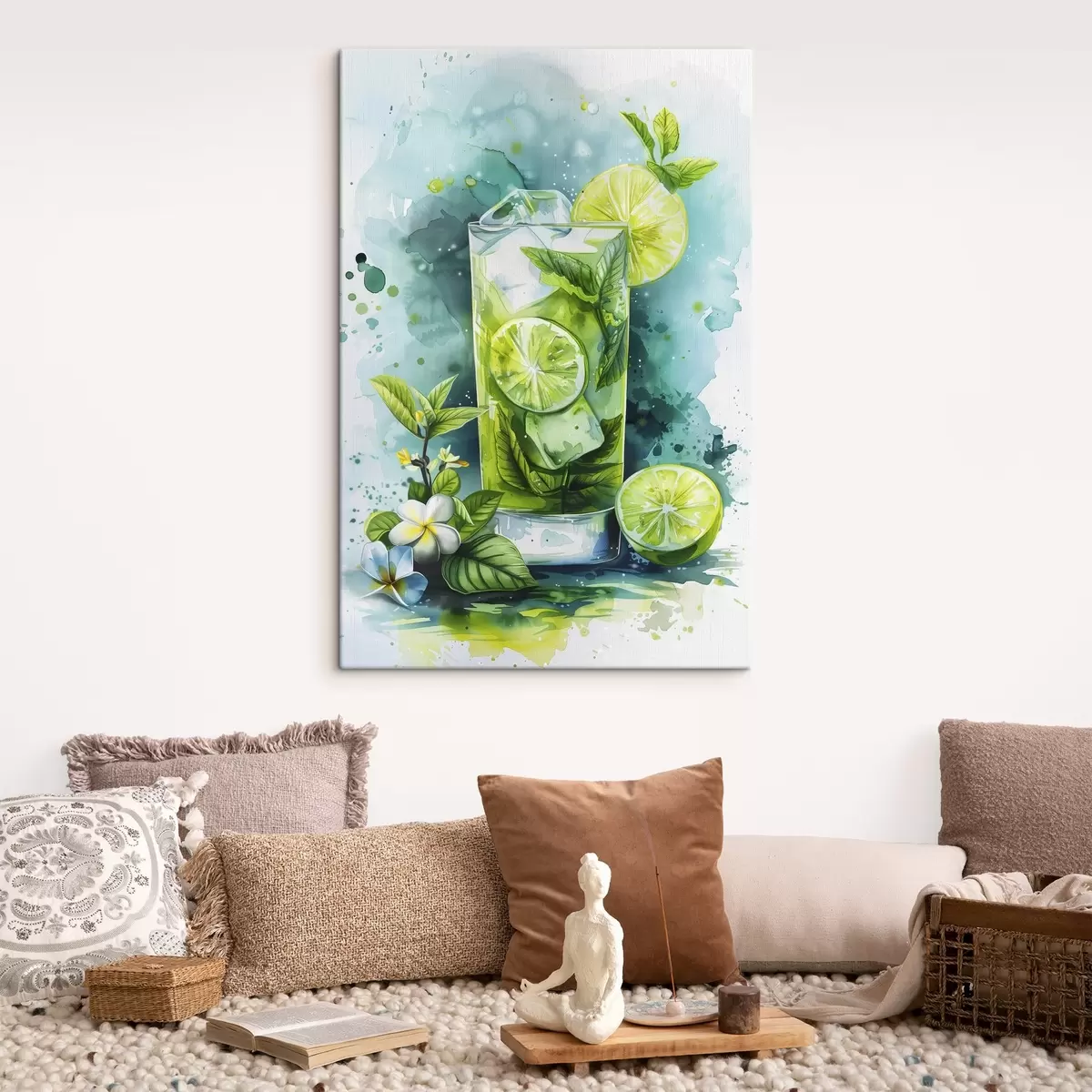 murales de pared Cóctel de verano acuarela, mojito, lima y menta, flores, colores verdes s39712