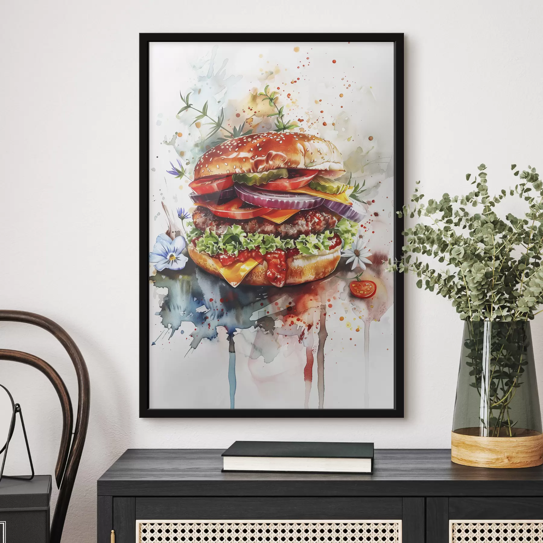 murales de pared Sabrosa hamburguesa con carne, floral, acuarela, arte gastronómico. f39699