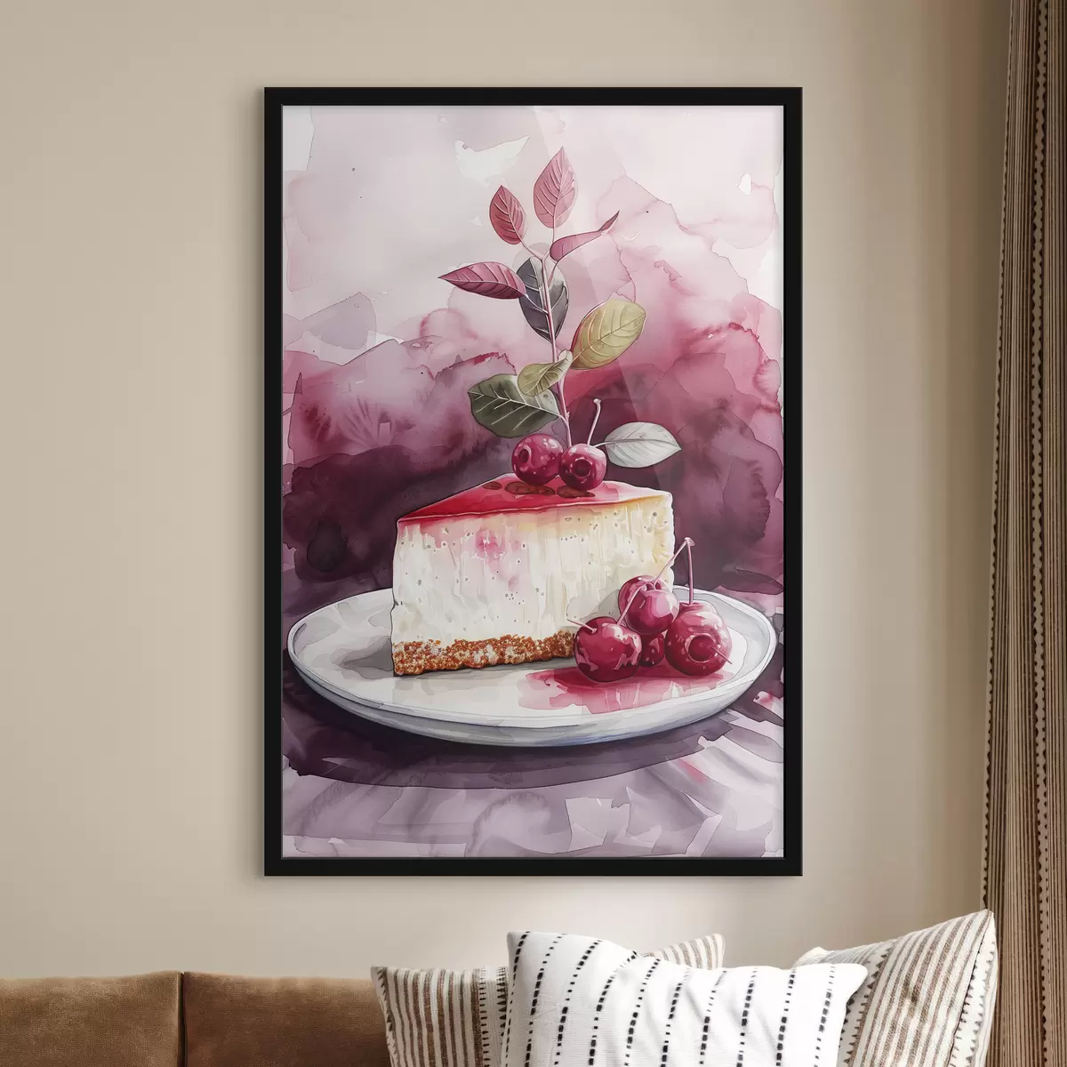 Poster Tarta de queso acuarela con cerezas, arte gastronómico elegante, colores rojo y morado f39700