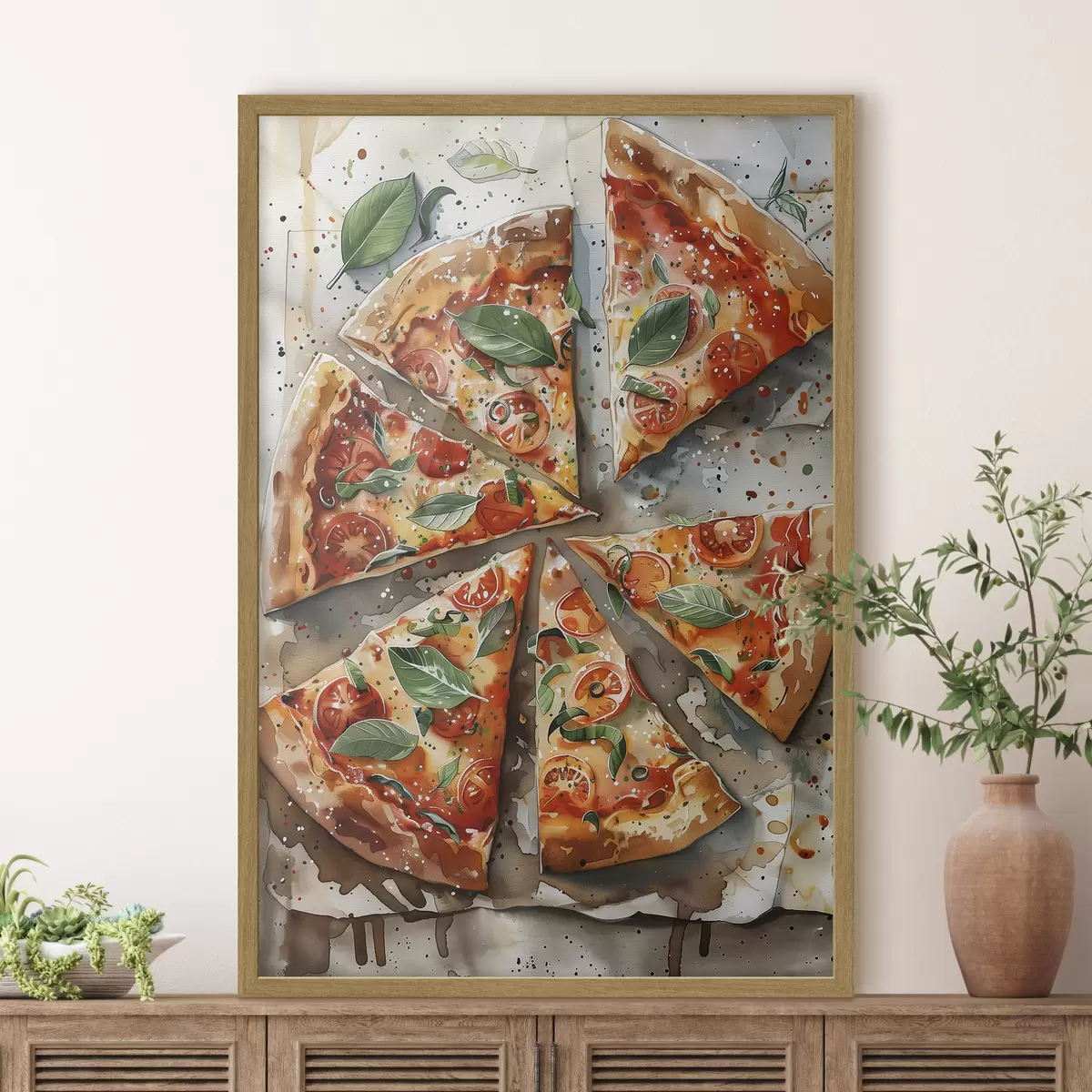 Poster Deliciosa pizza italiana, acuarela, margarita, tomates f39703