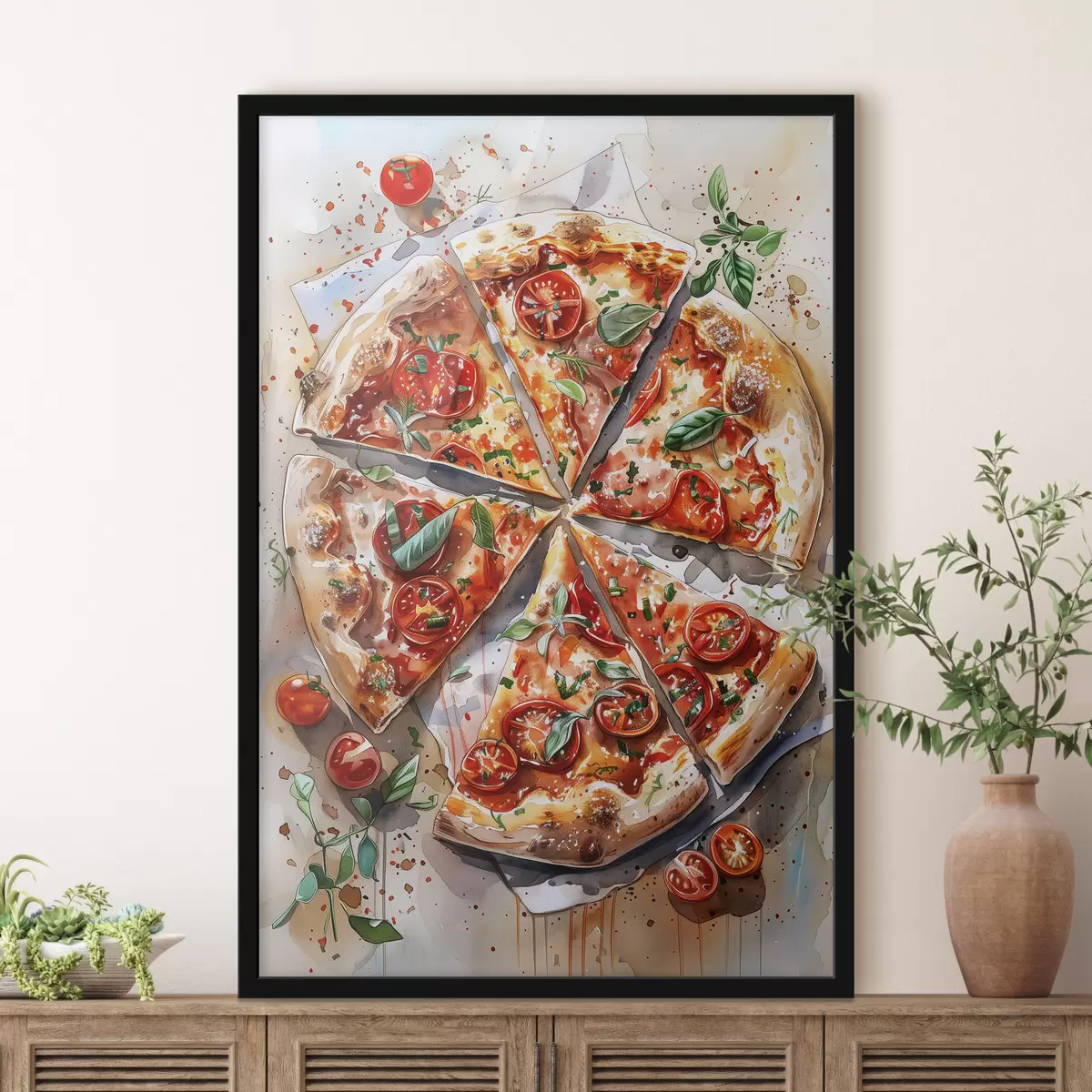 Poster Pizza acuarela, deliciosa, tomates y queso, arte alimentario, mesa de madera f39704