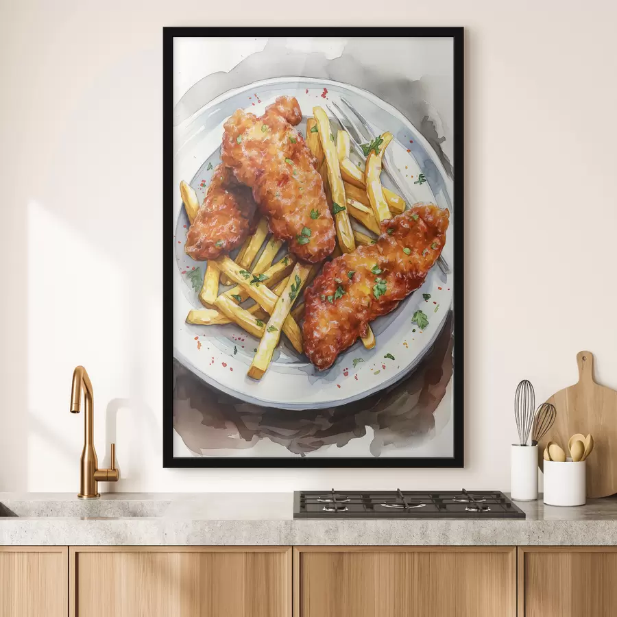 murales de pared Arte gastronómico en acuarela, papas fritas con pollo asado, delicioso f39708