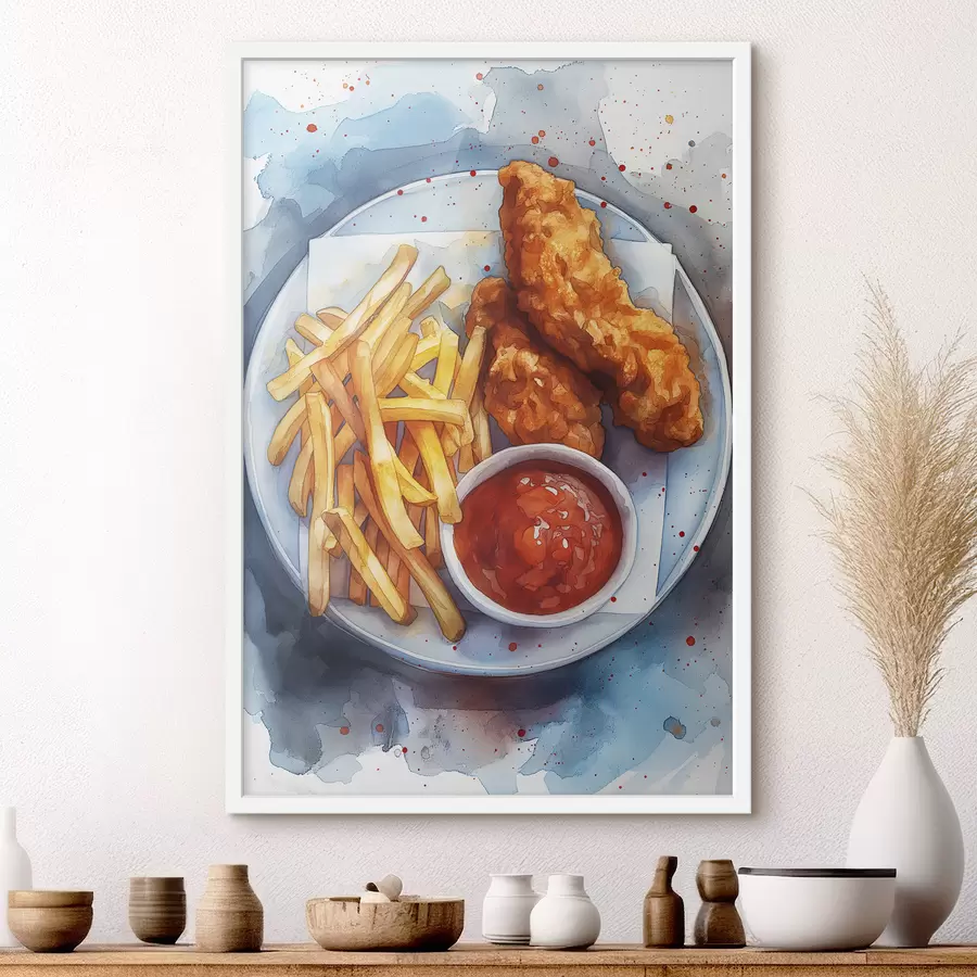 murales de pared Comida callejera acuarela, papas fritas con pollo asado, deliciosa f39709