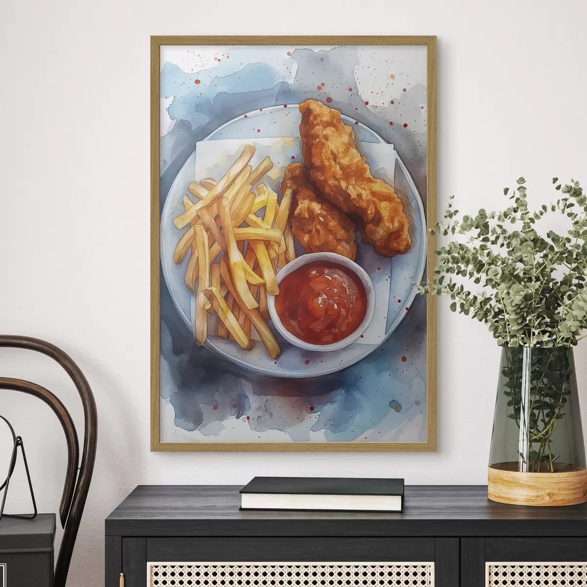 Poster Comida callejera acuarela, papas fritas con pollo asado, deliciosa f39709