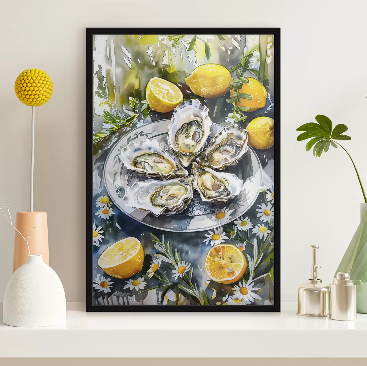 Poster Ostras elegantes en el plato, limones y flores, colores de verano, mediterráneo f39710