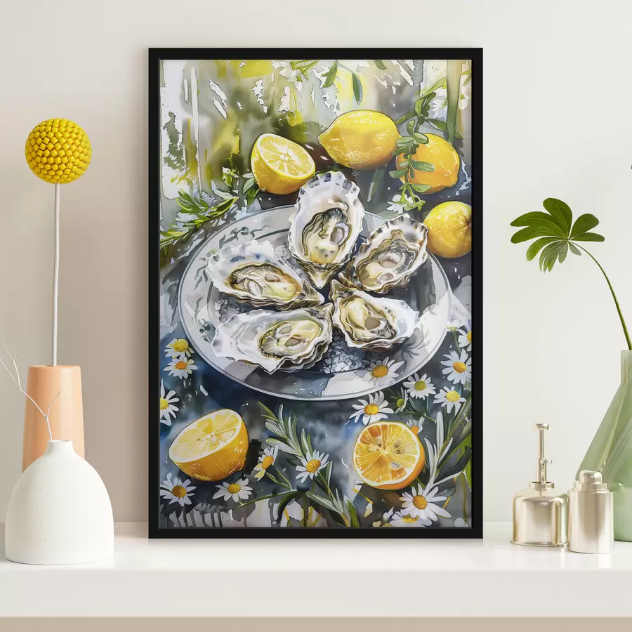 murales de pared Ostras elegantes en el plato, limones y flores, colores de verano, mediterráneo f39710