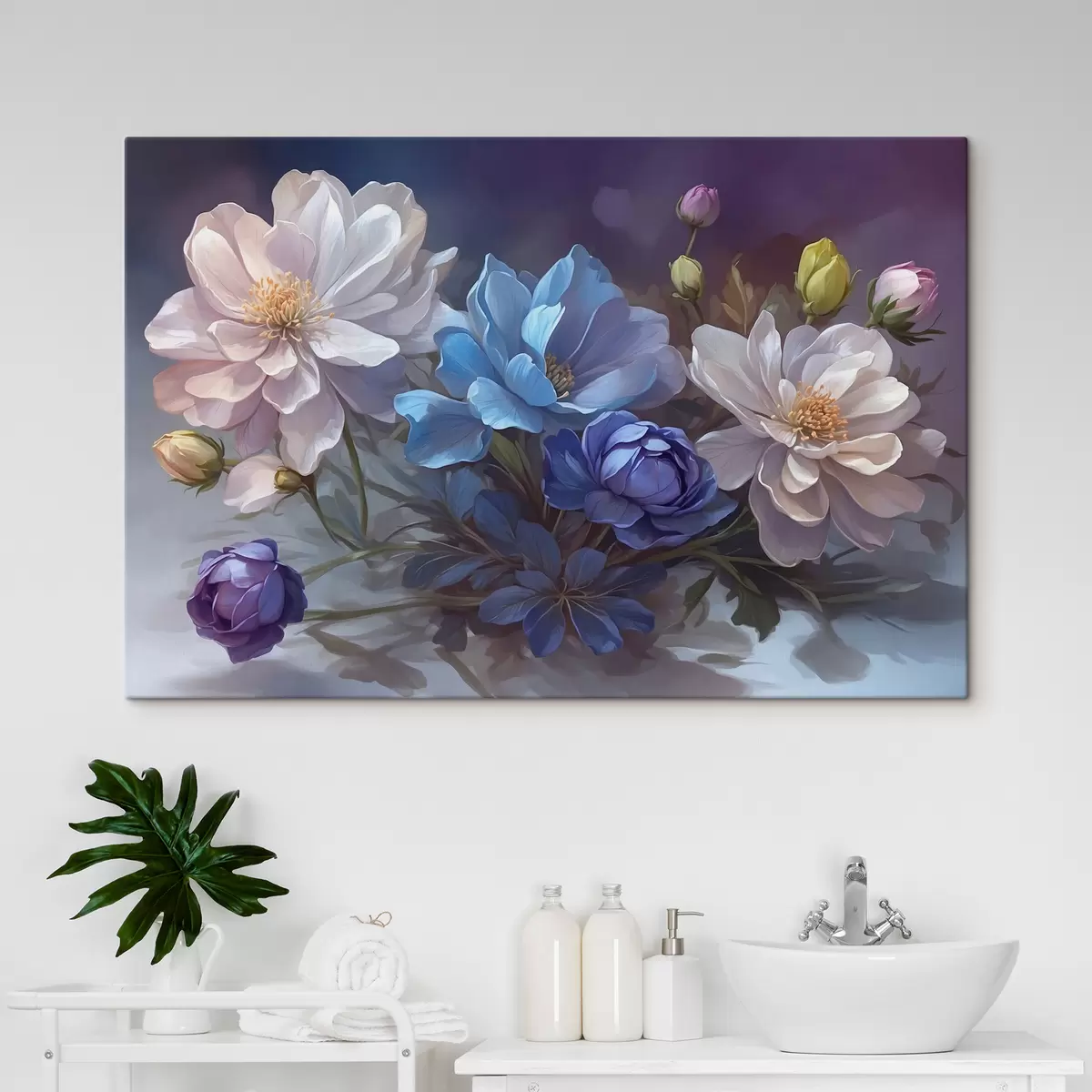 murales de pared Flores blancas y azules sobre fondo borroso s39603