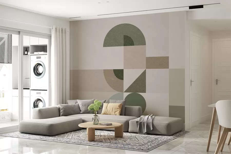 murales de pared Geometría texturizada abstracta en estilo Art Déco en tonos beige, marrón y verde w08049