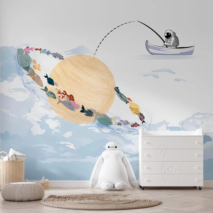 murales de pared Luna astronauta y pez en azul. w00869