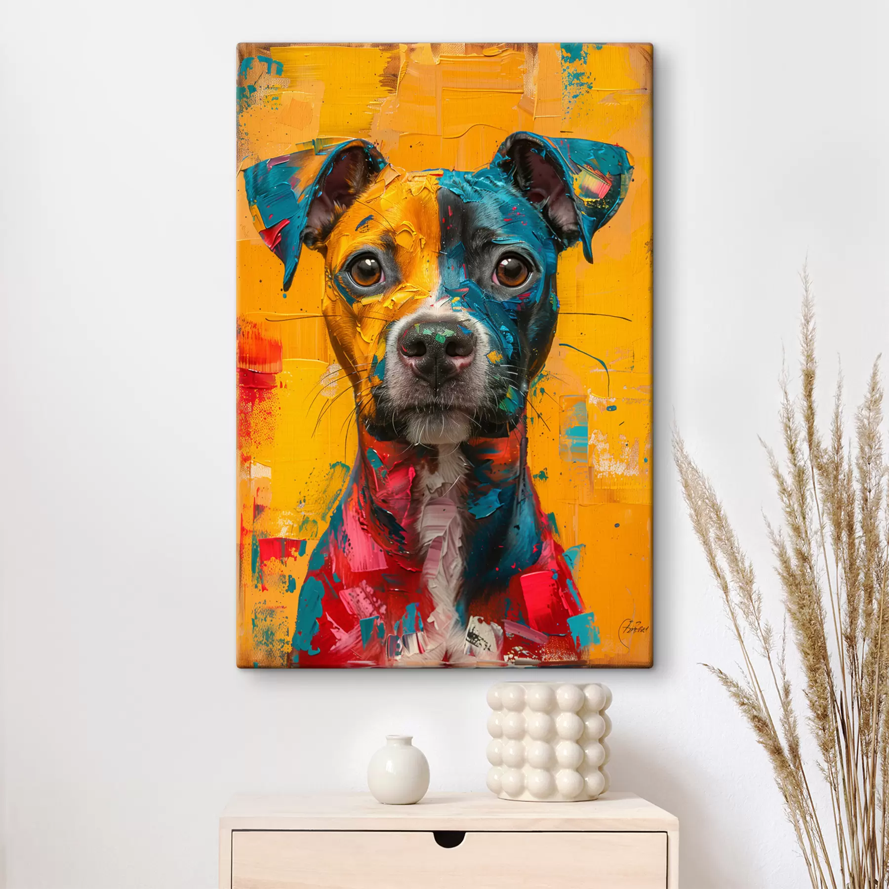 murales de pared Retrato de un Pitbull con pinceladas de óleo amarillas y azules. s39722