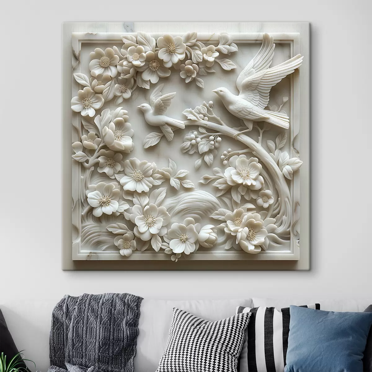 murales de pared Jardín de mármol blanco con bajorrelieve de pájaros y flores.  s39728