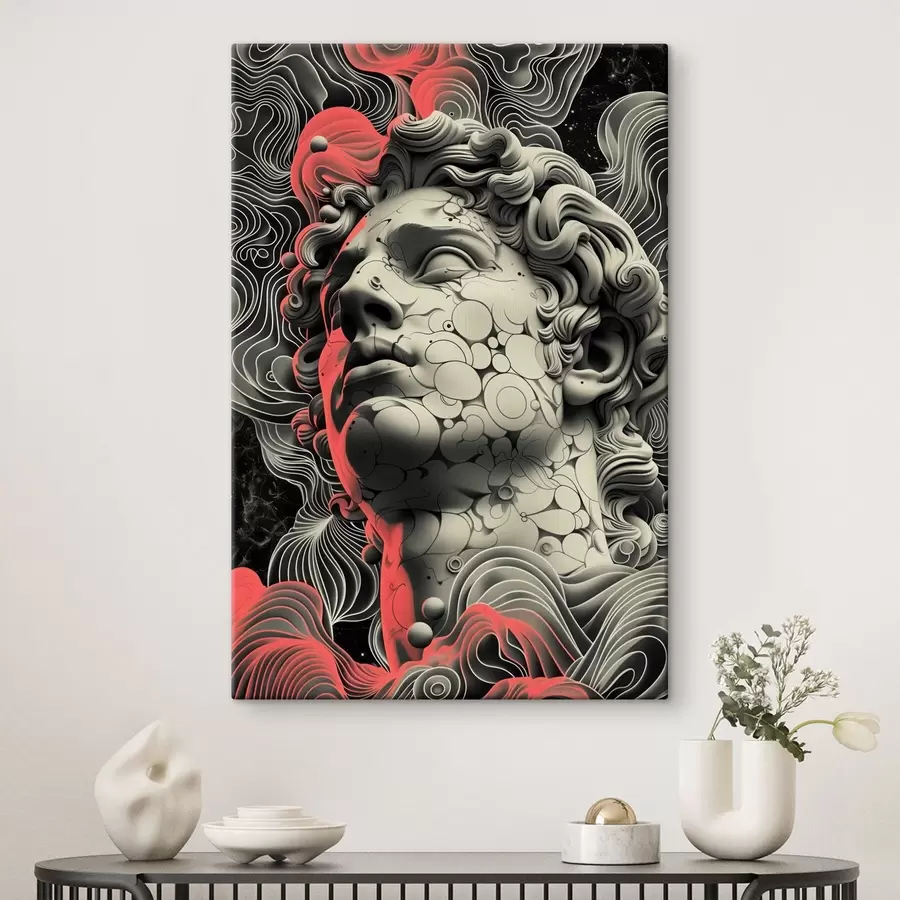 murales de pared Ilustración lineal en blanco y negro de la cabeza del dios griego Apolo en estilo pop art s39763