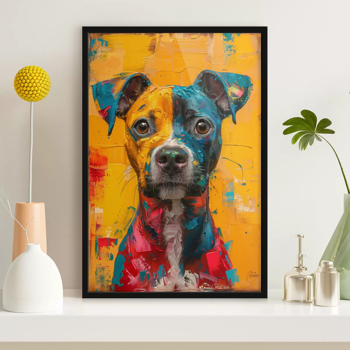 Poster Retrato de un Pitbull con pinceladas de óleo amarillas y azules. f39722