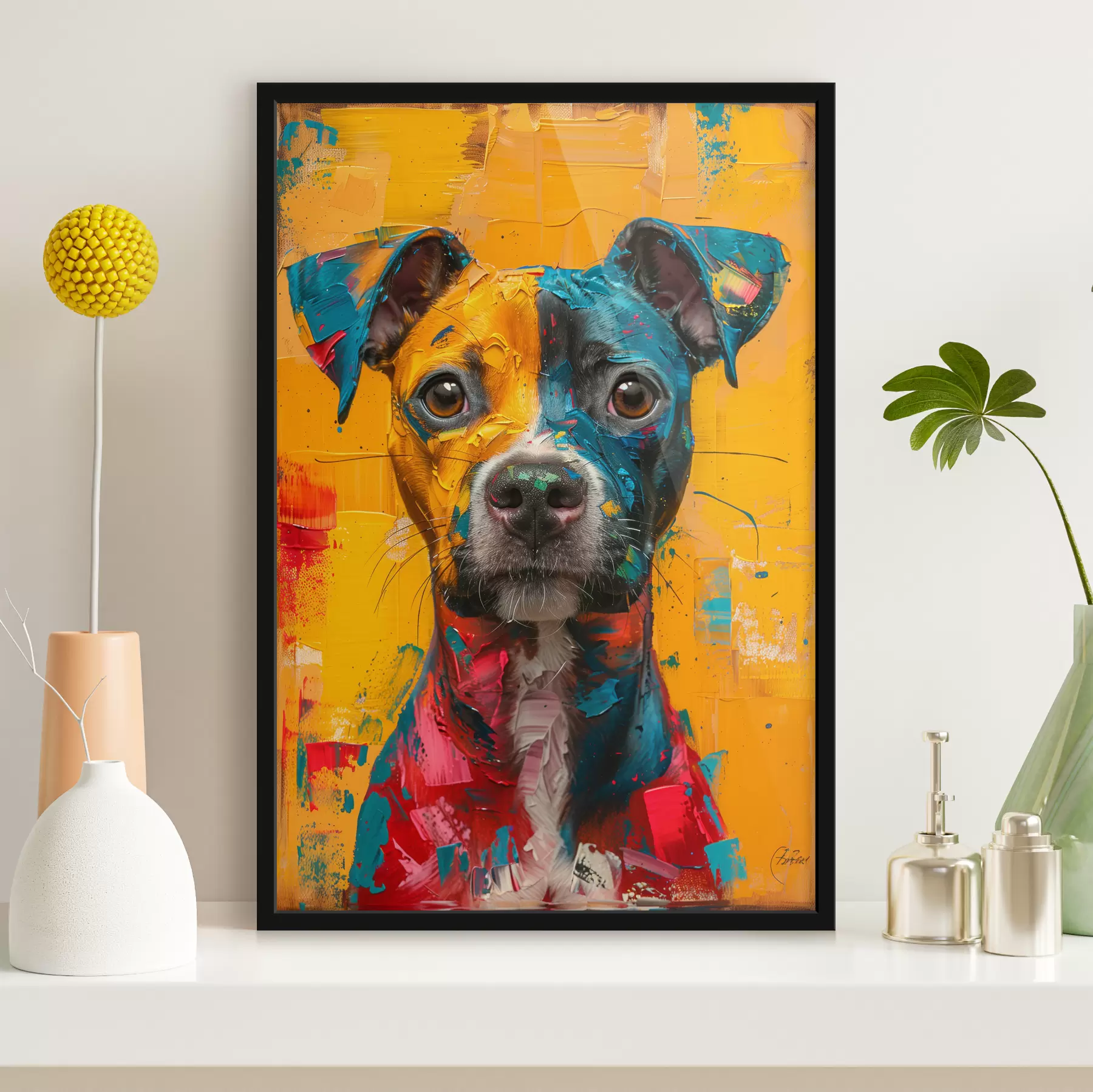 murales de pared Retrato de un Pitbull con pinceladas de óleo amarillas y azules. f39722