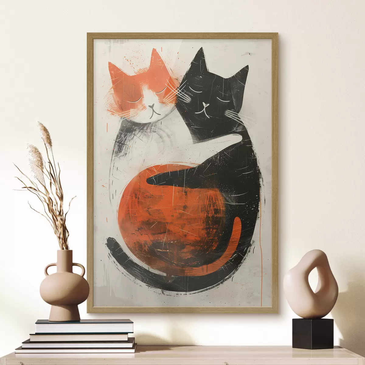 Poster Ilustración minimalista en tinta de dos lindos gatos f39725