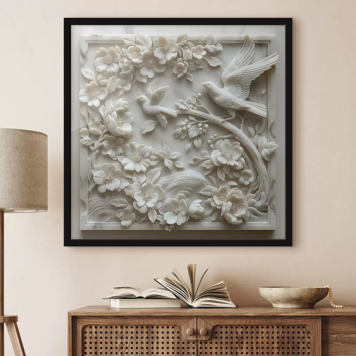 Poster Un jardín de mármol blanco con relieves de pájaros y flores f39728