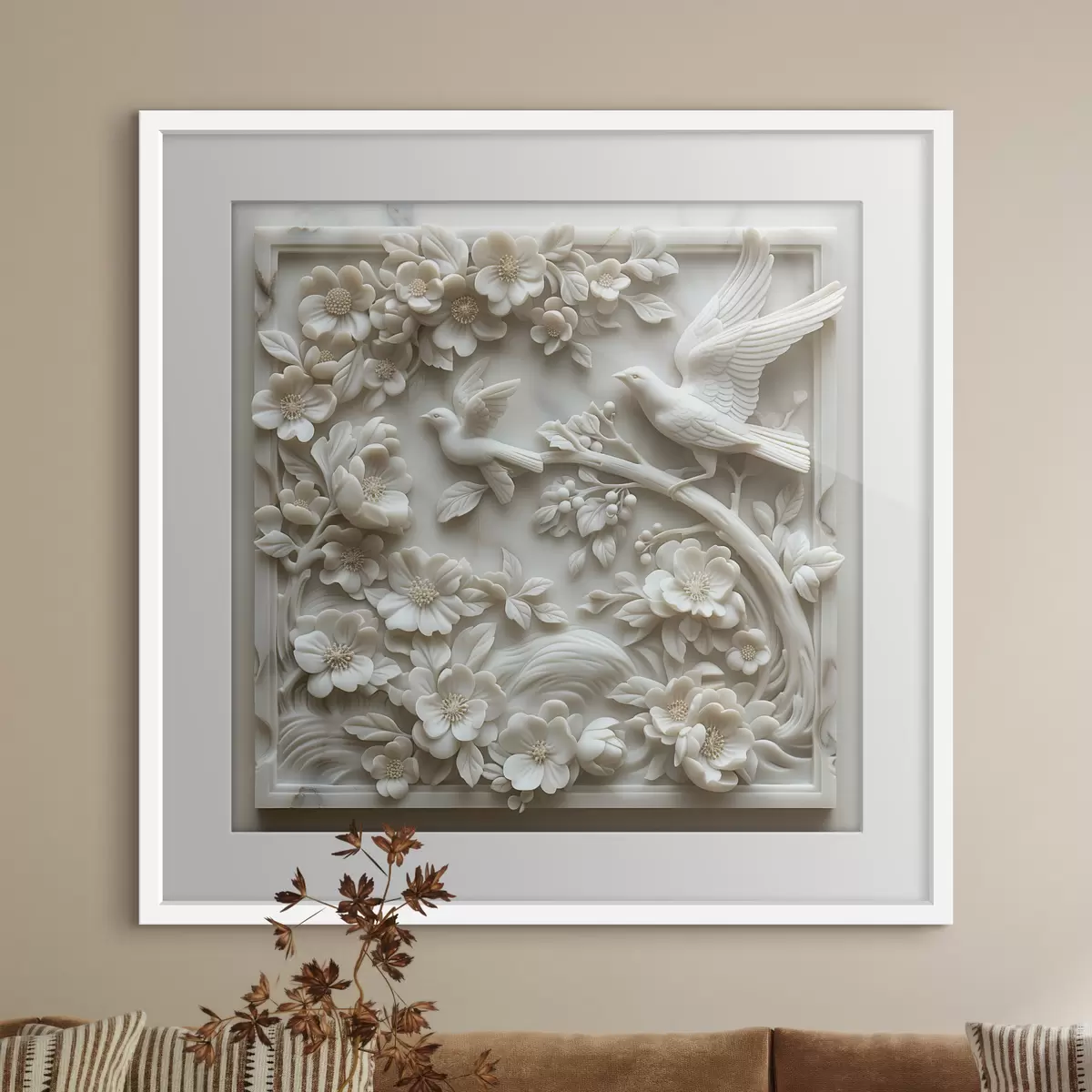 Poster Un jardín de mármol blanco con relieves de pájaros y flores f39728