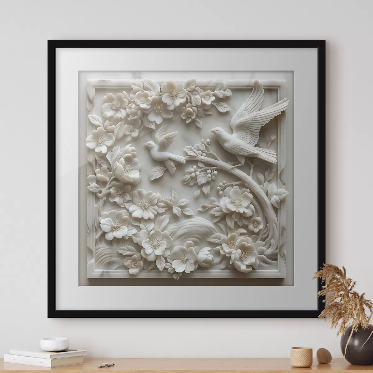 Poster Un jardín de mármol blanco con relieves de pájaros y flores f39728