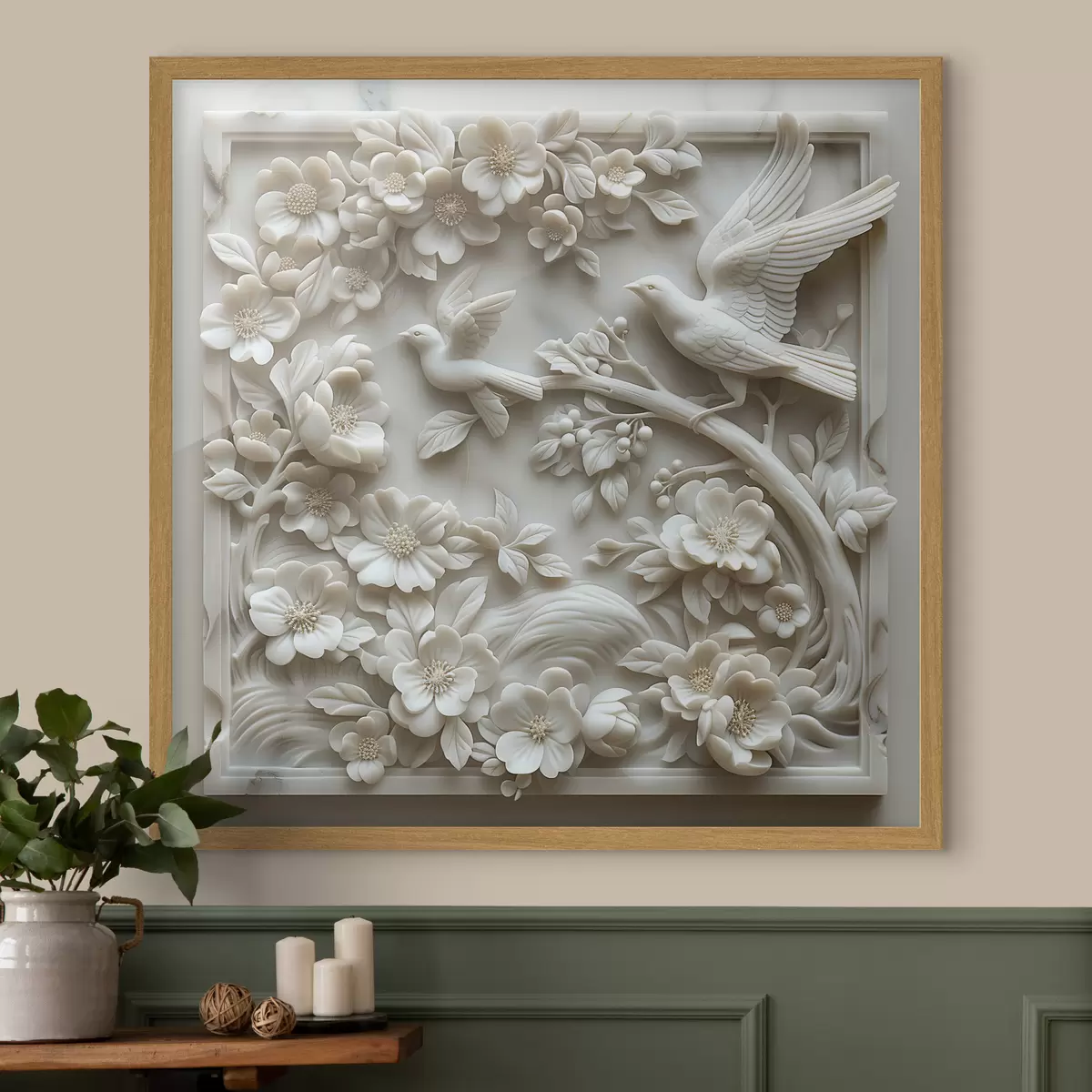Poster Un jardín de mármol blanco con relieves de pájaros y flores f39728