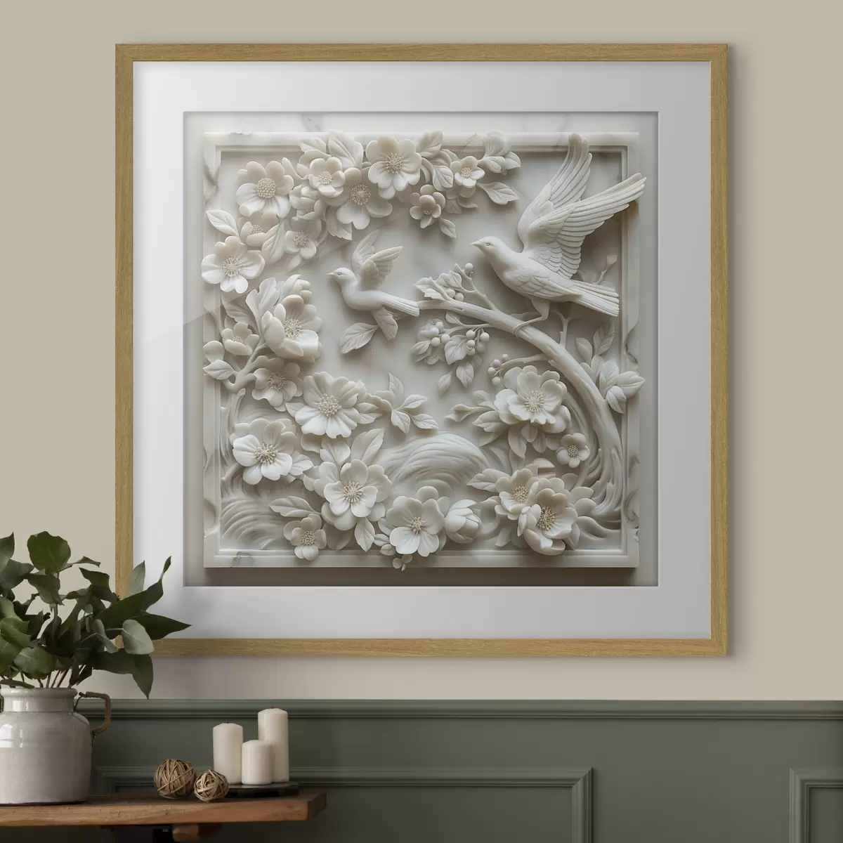 Poster Un jardín de mármol blanco con relieves de pájaros y flores f39728