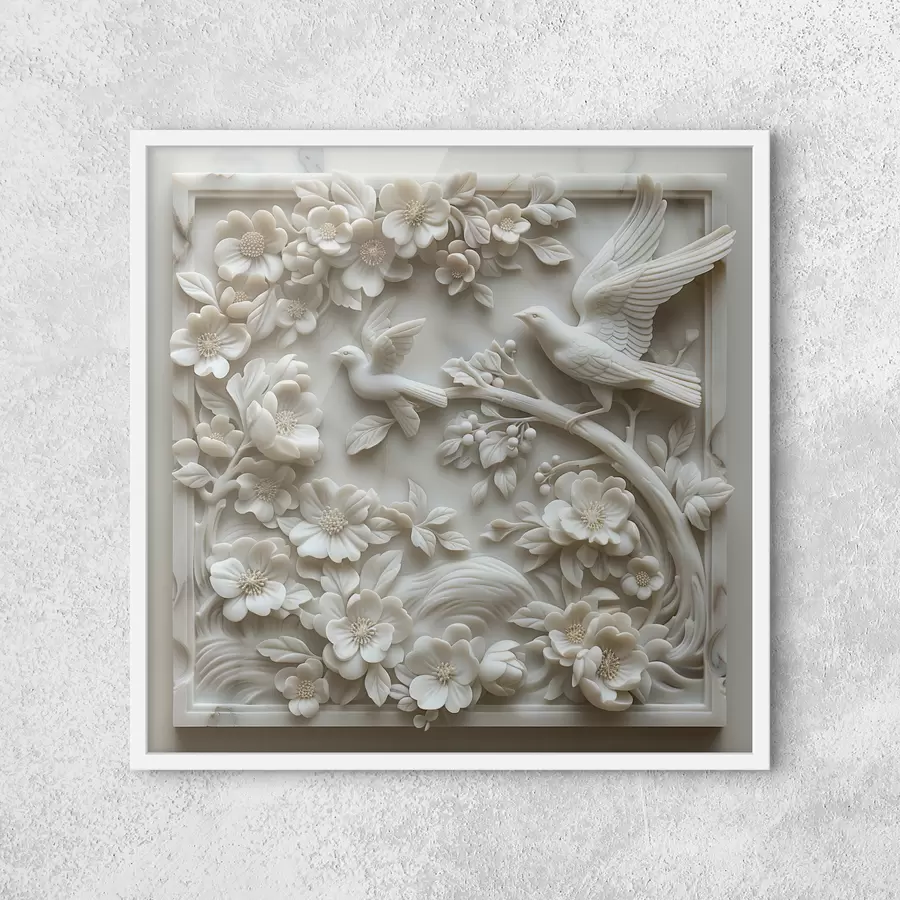 murales de pared Un jardín de mármol blanco con relieves de pájaros y flores f39728