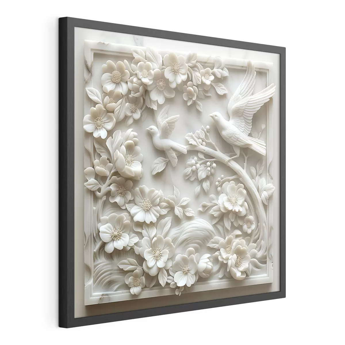 Poster Un jardín de mármol blanco con relieves de pájaros y flores f39728
