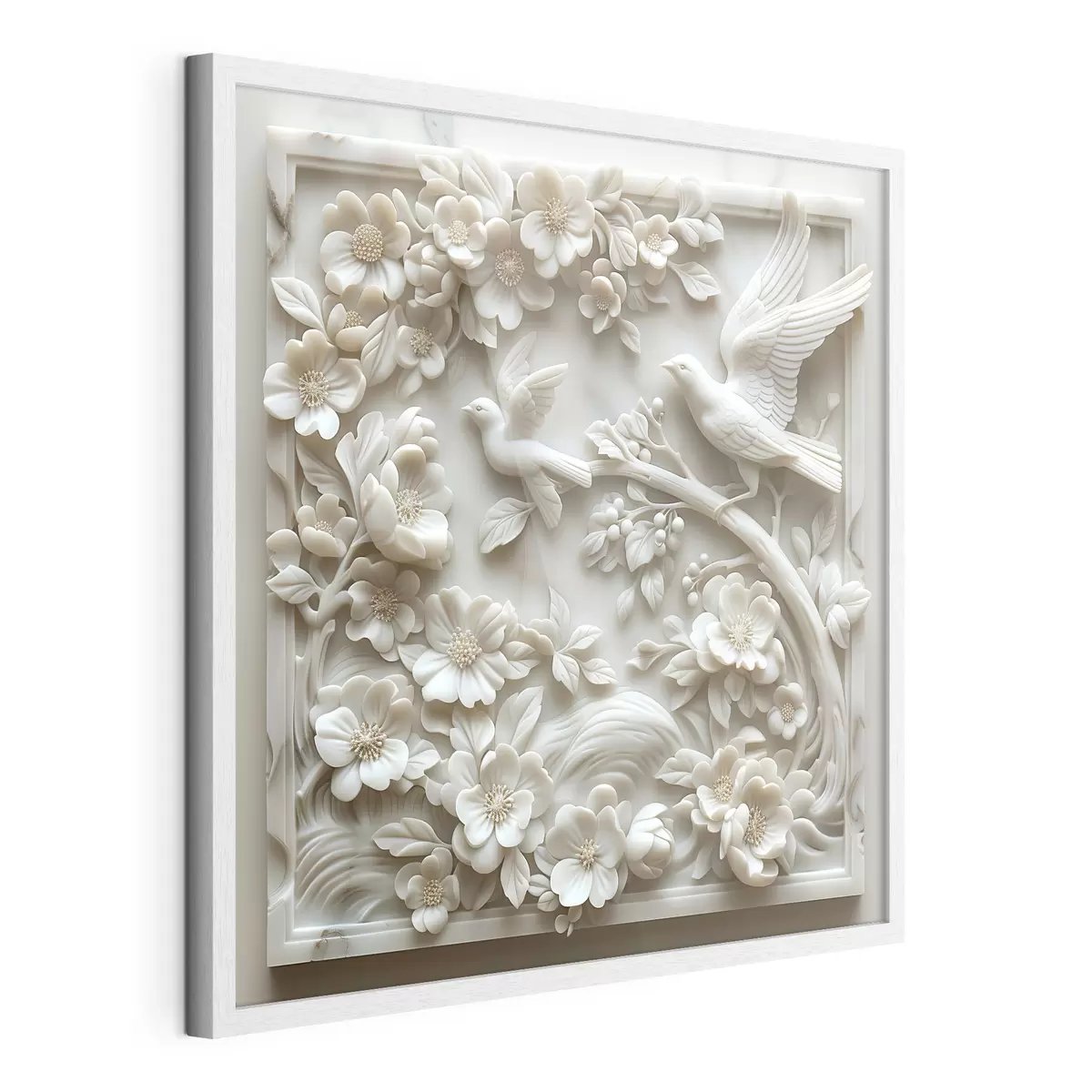 Poster Un jardín de mármol blanco con relieves de pájaros y flores f39728