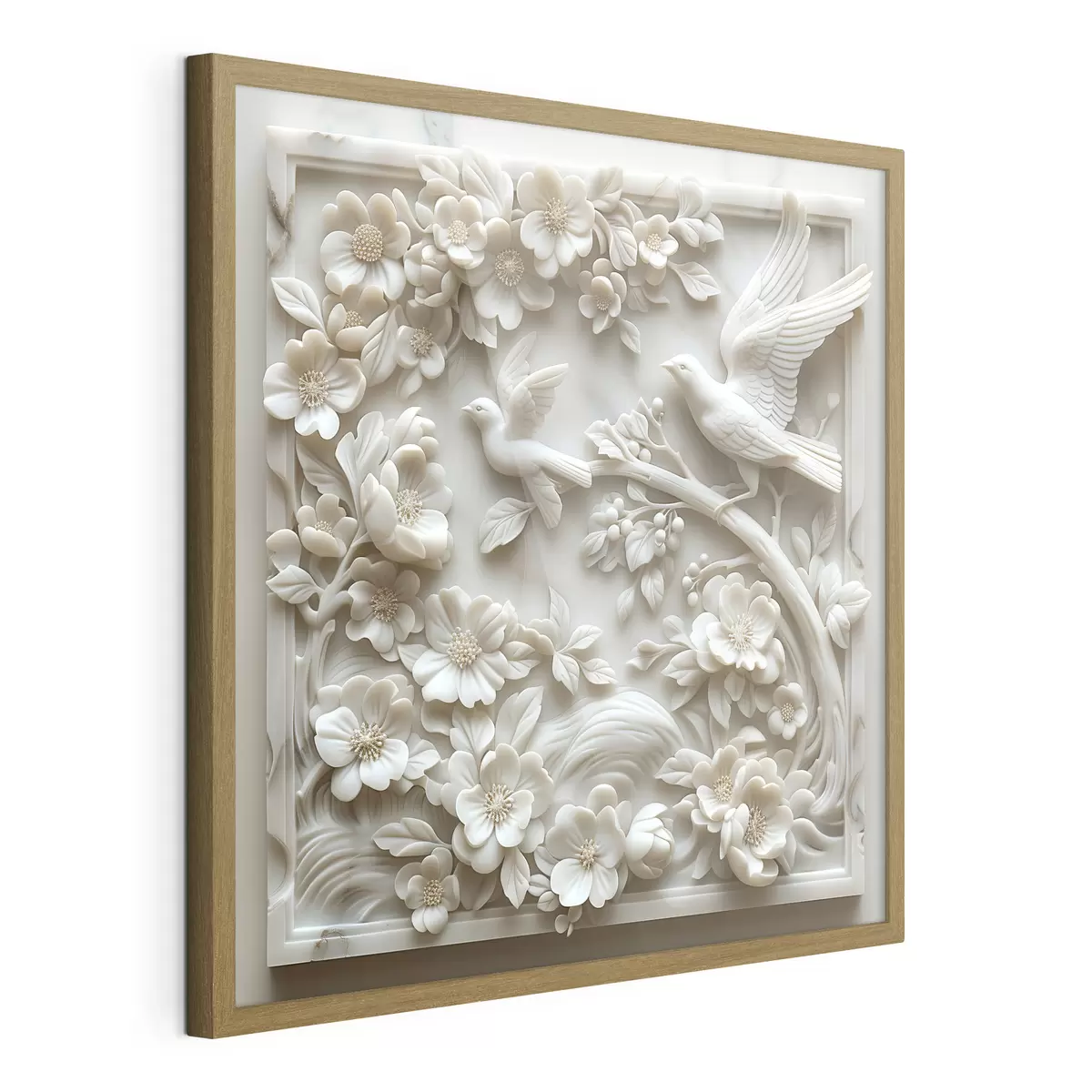 Poster Un jardín de mármol blanco con relieves de pájaros y flores f39728