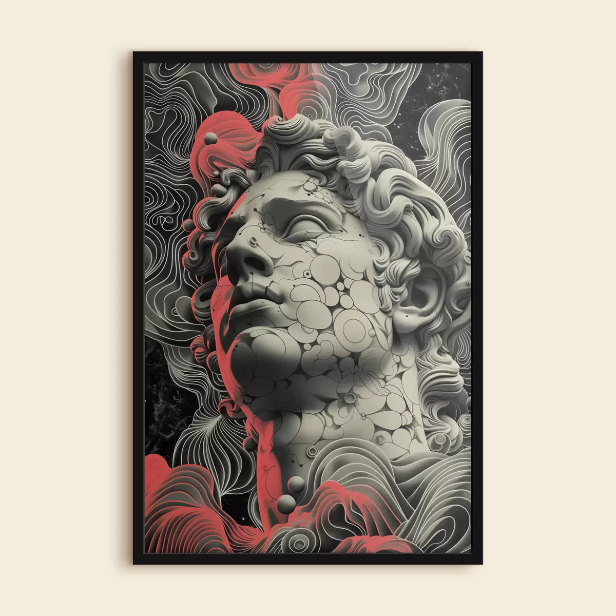 Poster Ilustración lineal en blanco y negro de la cabeza del dios griego Apolo en estilo pop art f39763