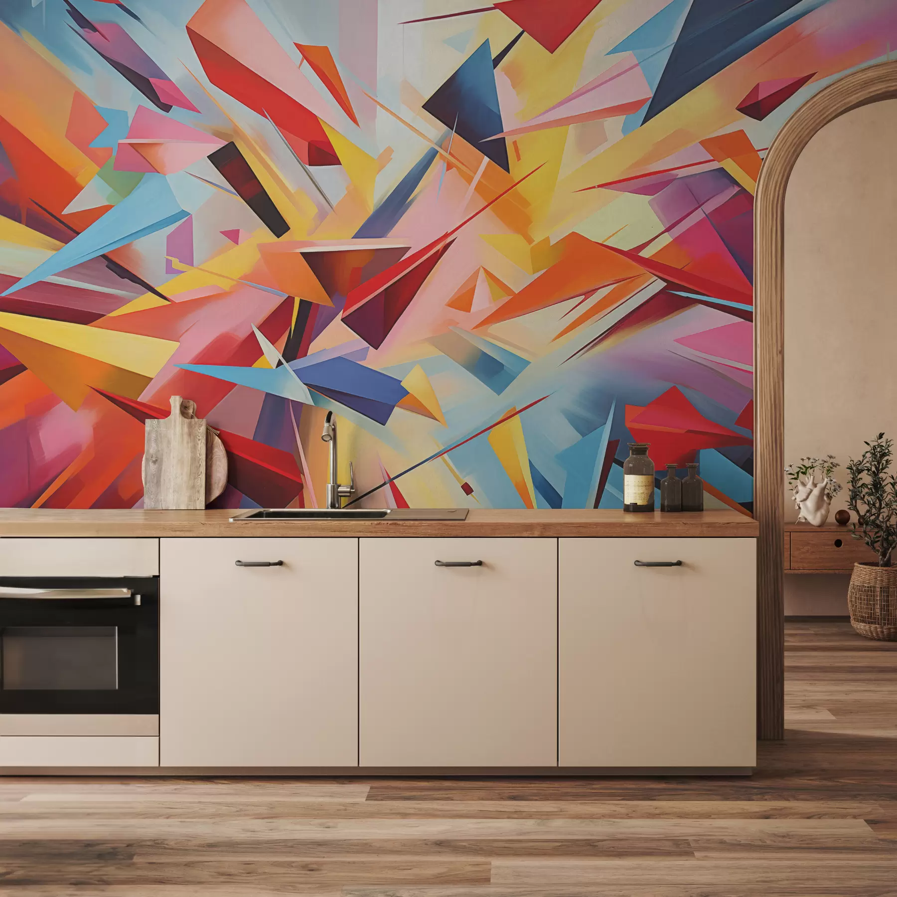 murales de pared Abstracción caótica de formas geométricas, rosa, azul, amarillo w08030