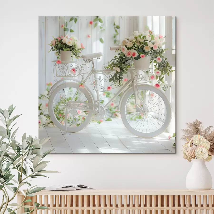 murales de pared Bicicleta blanca con cesta de flores al estilo provenzal. s39243