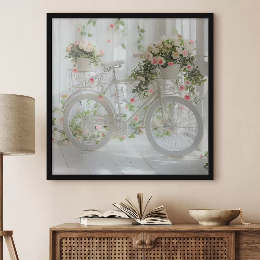 murales de pared Bicicleta blanca con cesta de flores de estilo provenzal f39243