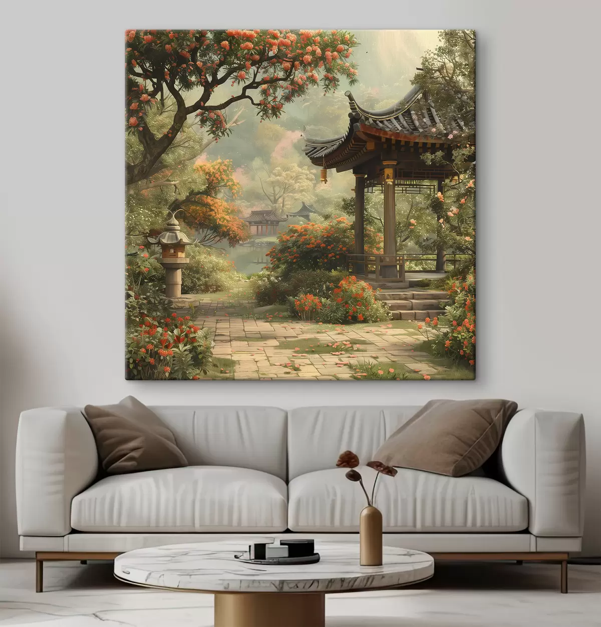 murales de pared Parque japonés con árboles y flores en flor, bosque, casa de jardín, lago s39772