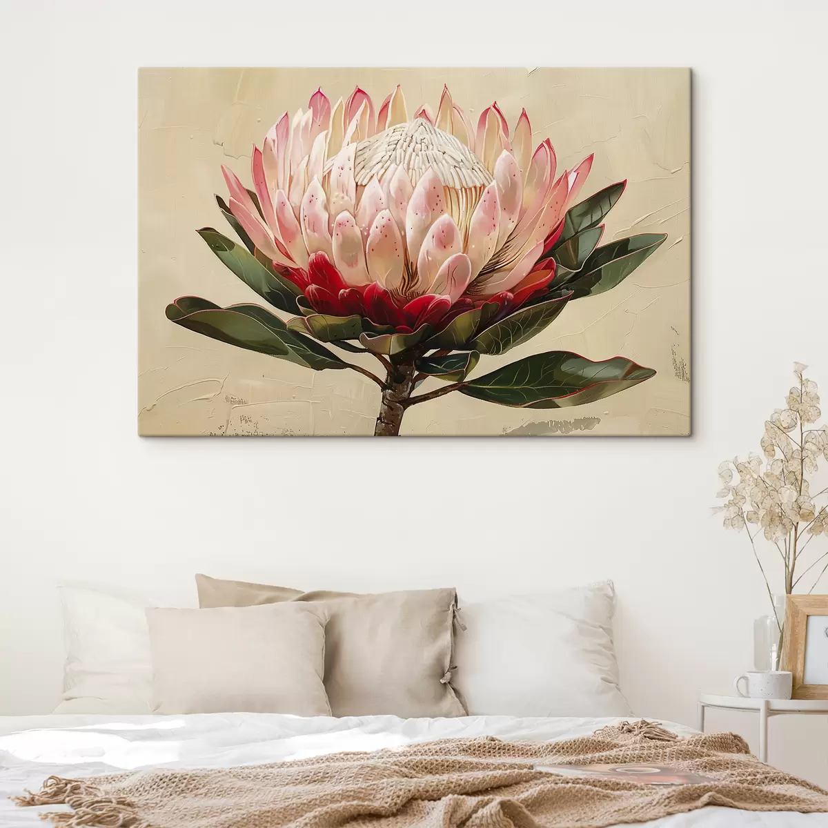 murales de pared Flor de protea, dibujo acrílico, floral, colores naturales suaves s39780