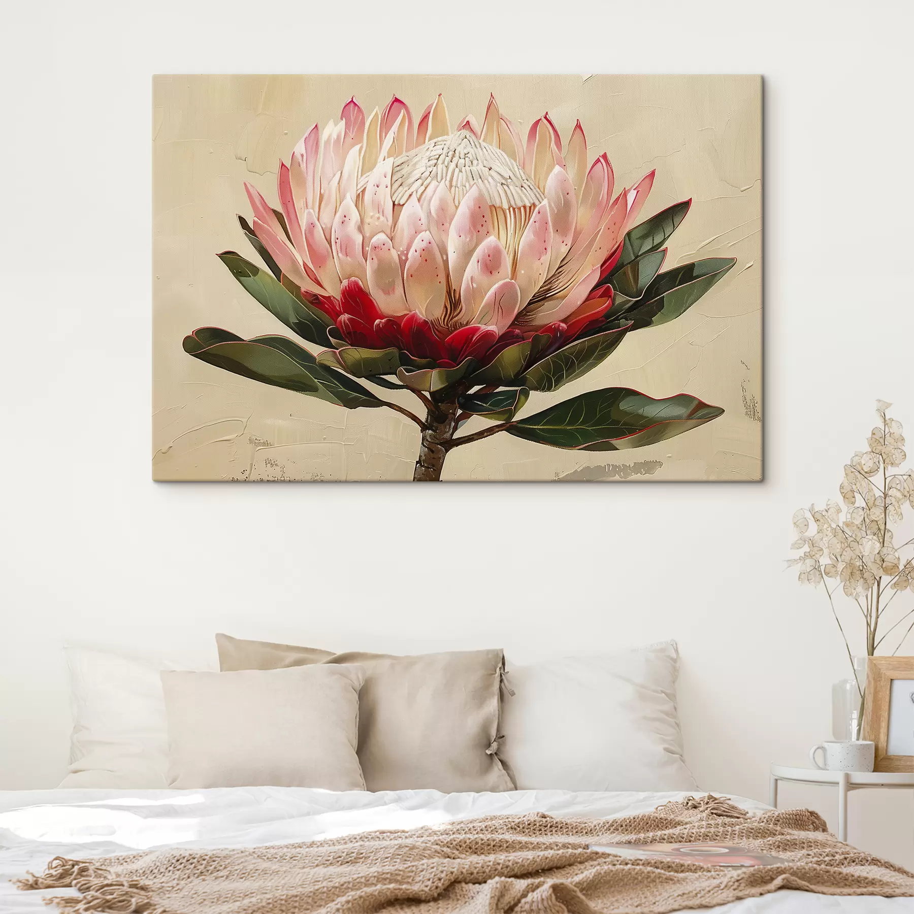 murales de pared Flor de protea, dibujo acrílico, floral, colores naturales suaves s39780