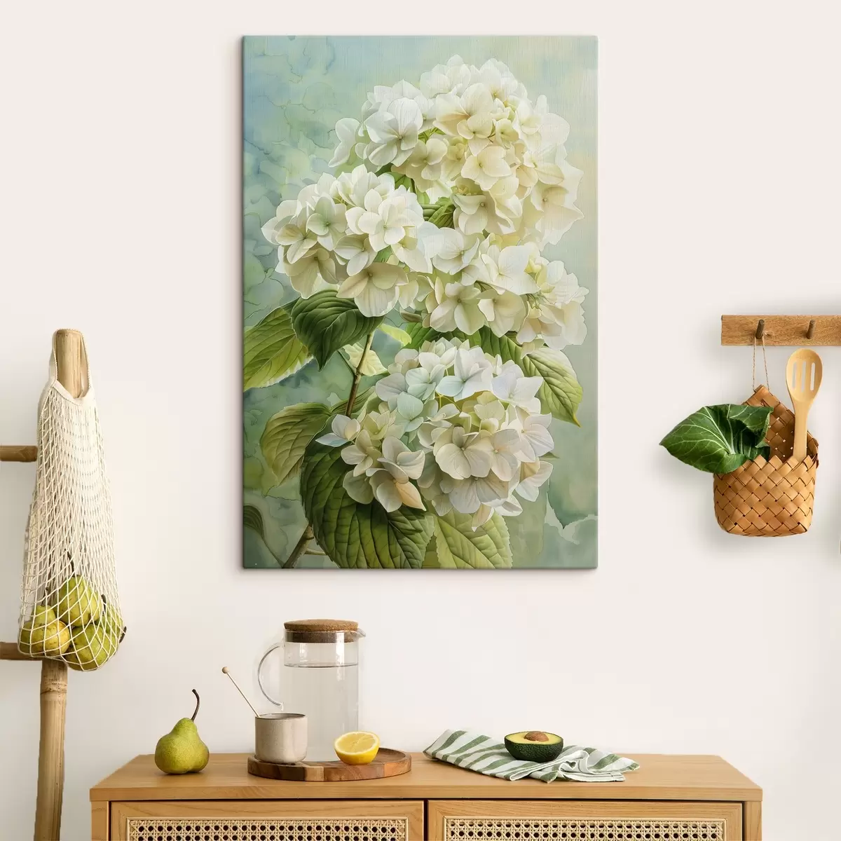 murales de pared Flor de hortensia, floral, colores naturales suaves, dibujo de acuarela s39782