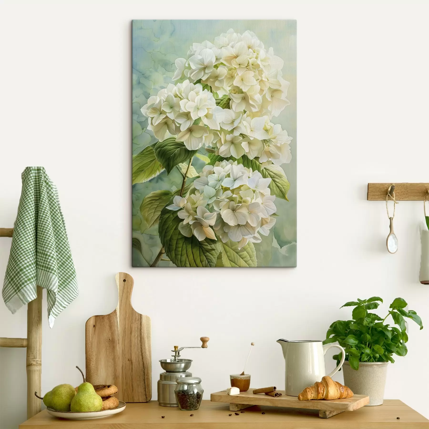 murales de pared Flor de hortensia, floral, colores naturales suaves, dibujo de acuarela s39782
