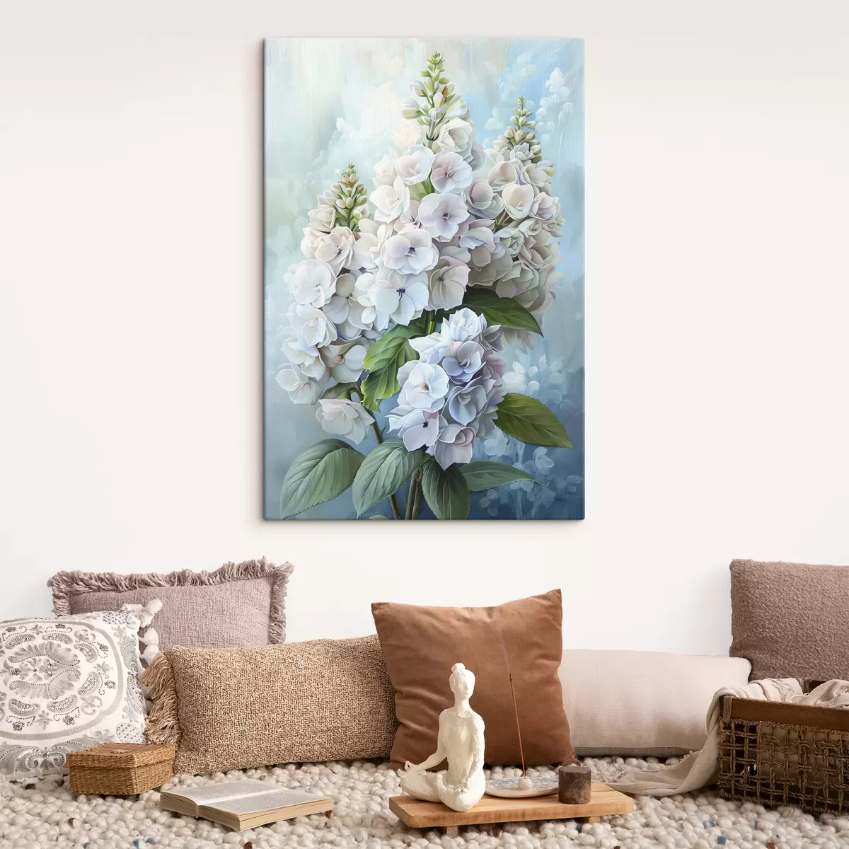 murales de pared Flor de hortensia morada, colores naturales suaves, dibujo de acuarela s39783