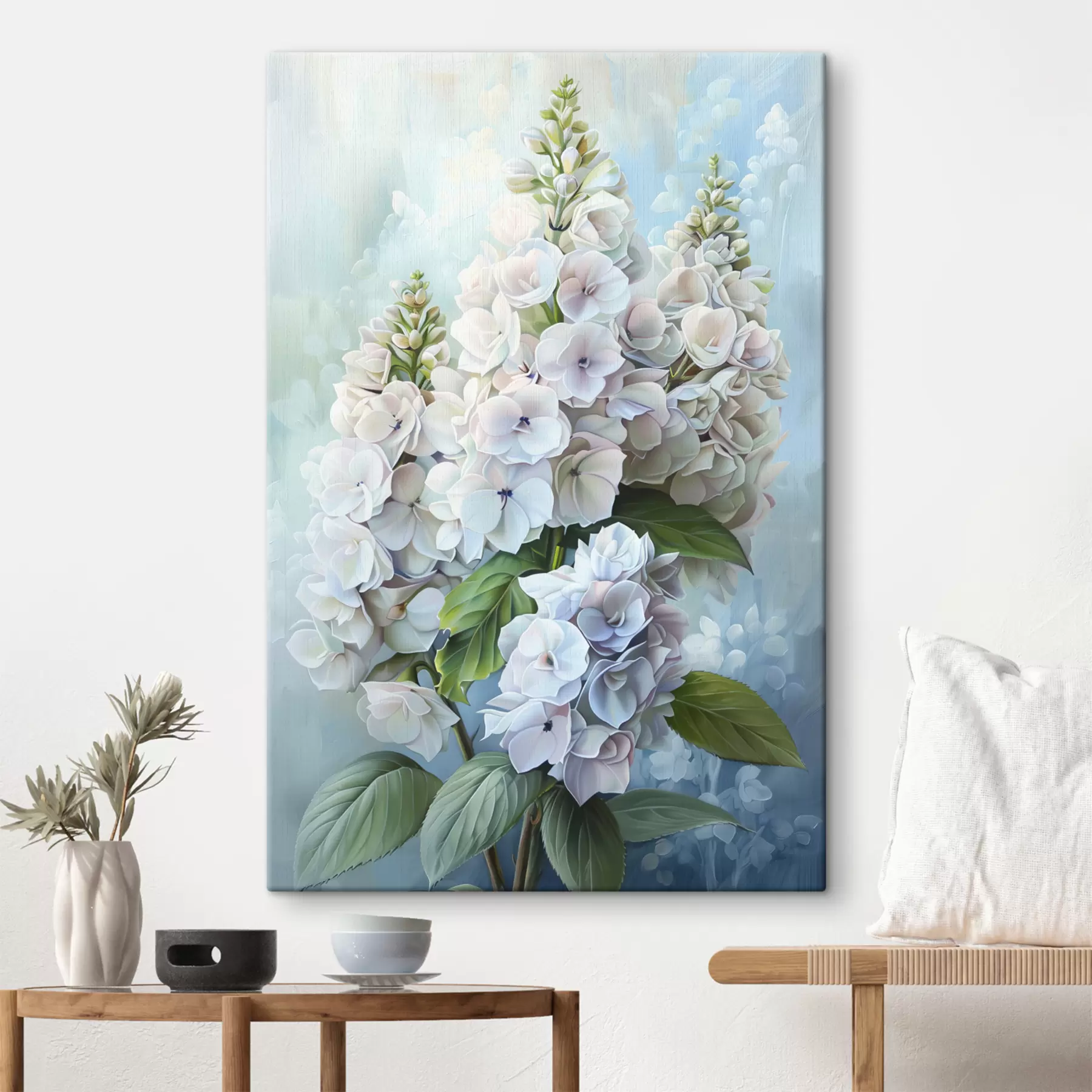 murales de pared Flor de hortensia morada, colores naturales suaves, dibujo de acuarela s39783