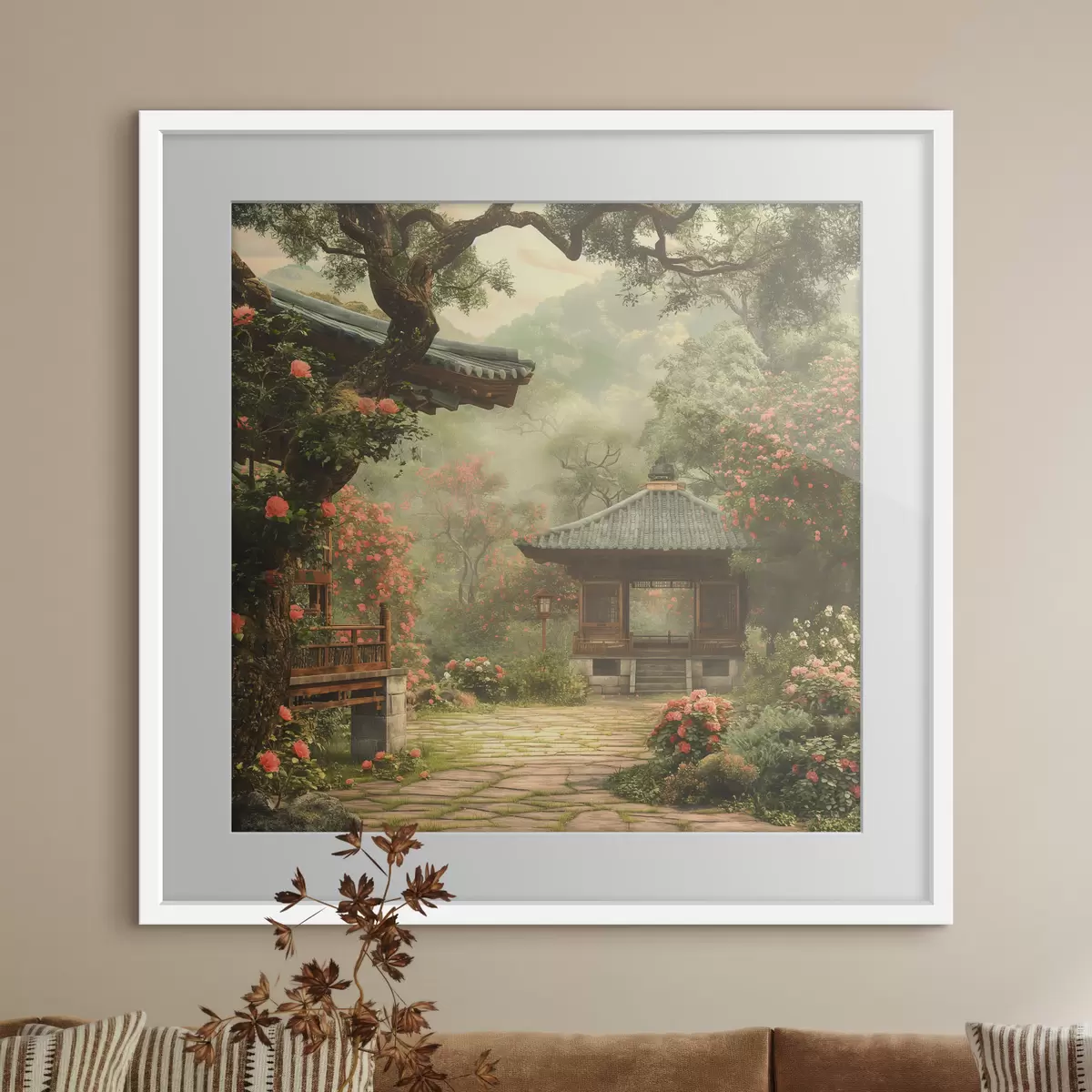 Poster Parque japonés con árboles y flores en flor, bosque, casa de madera f39773