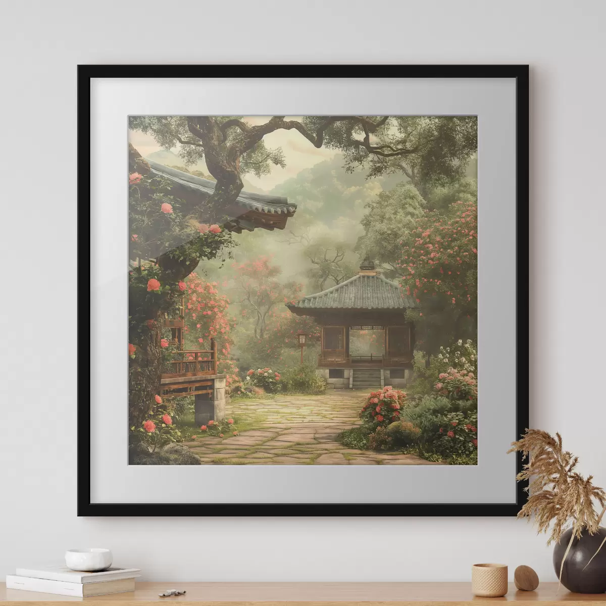 Poster Parque japonés con árboles y flores en flor, bosque, casa de madera f39773
