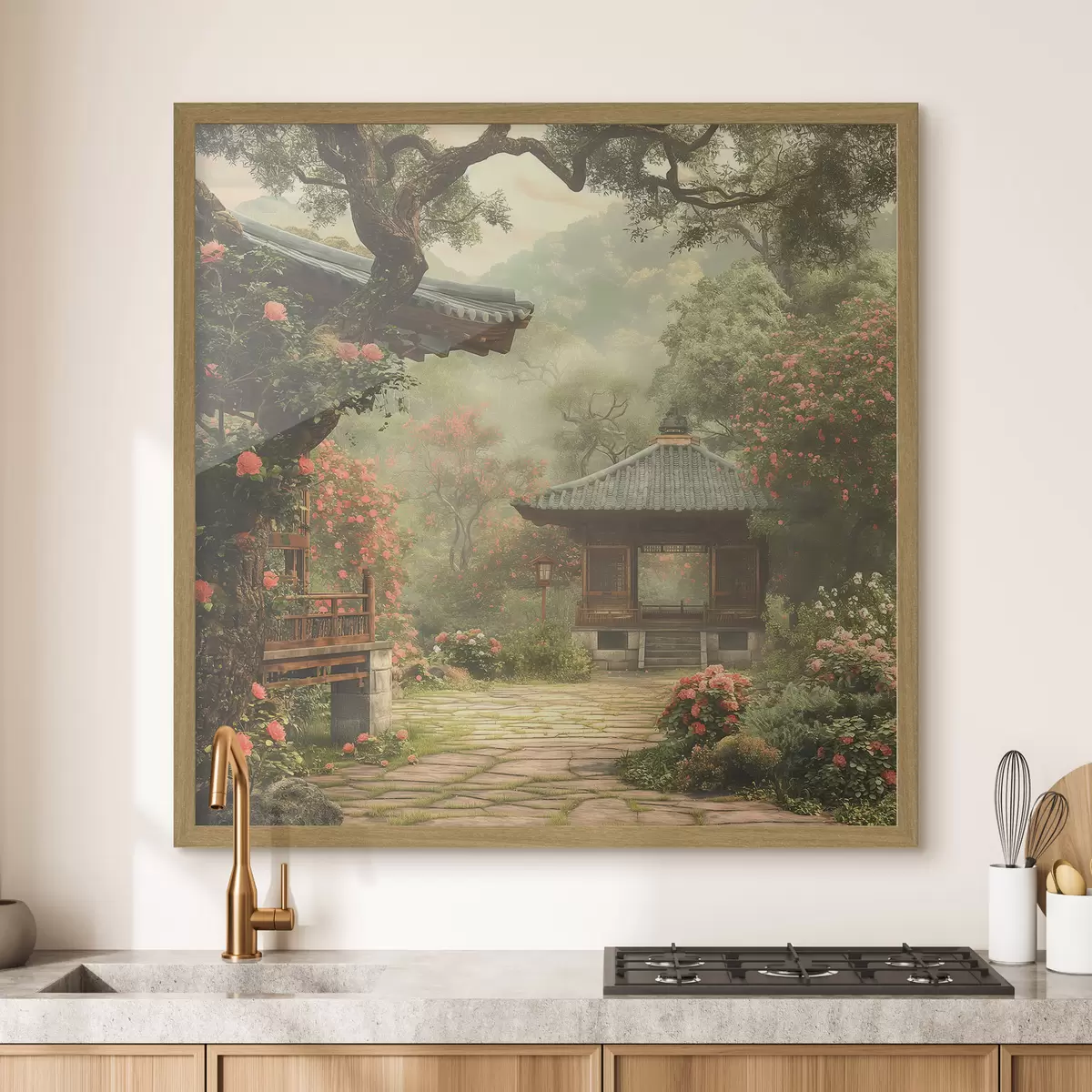 Poster Parque japonés con árboles y flores en flor, bosque, casa de madera f39773