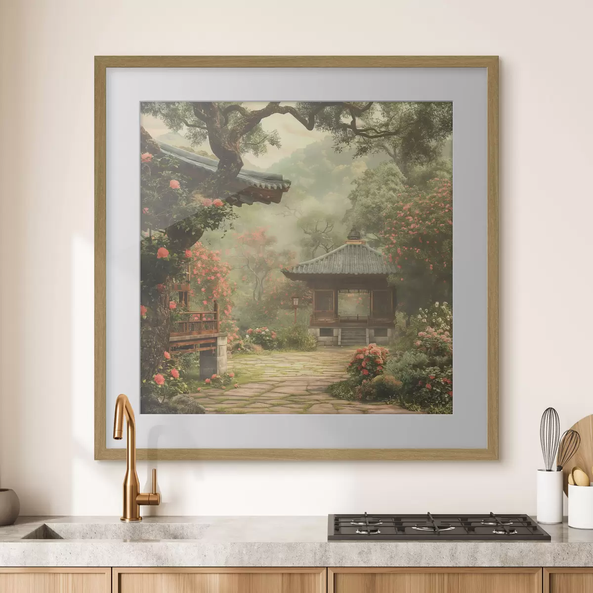 Poster Parque japonés con árboles y flores en flor, bosque, casa de madera f39773
