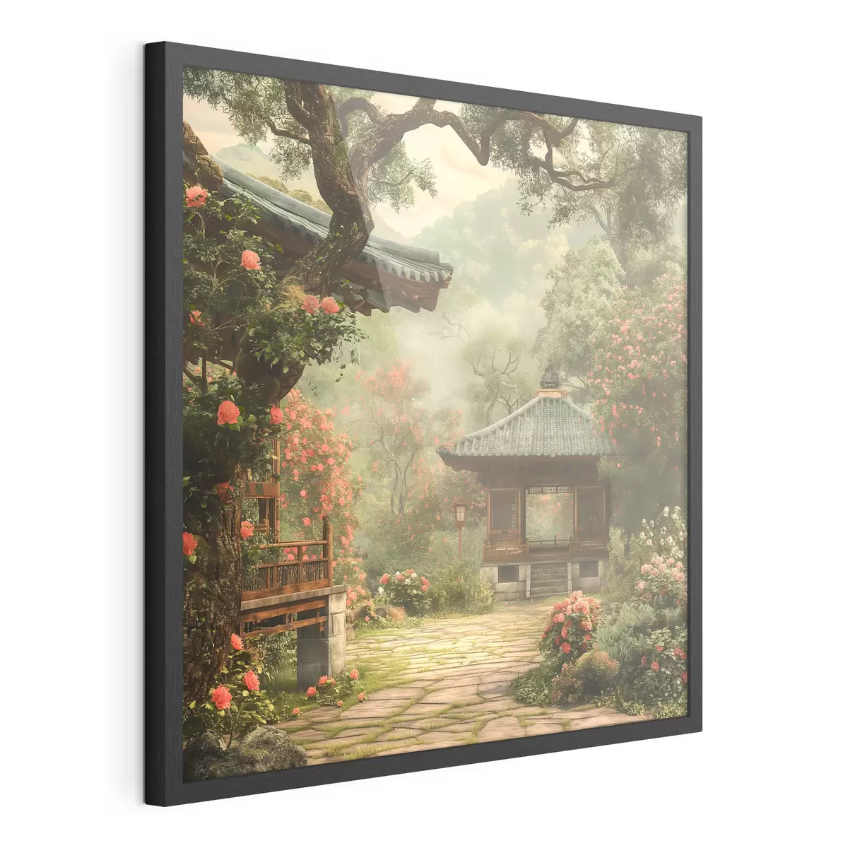 Poster Parque japonés con árboles y flores en flor, bosque, casa de madera f39773