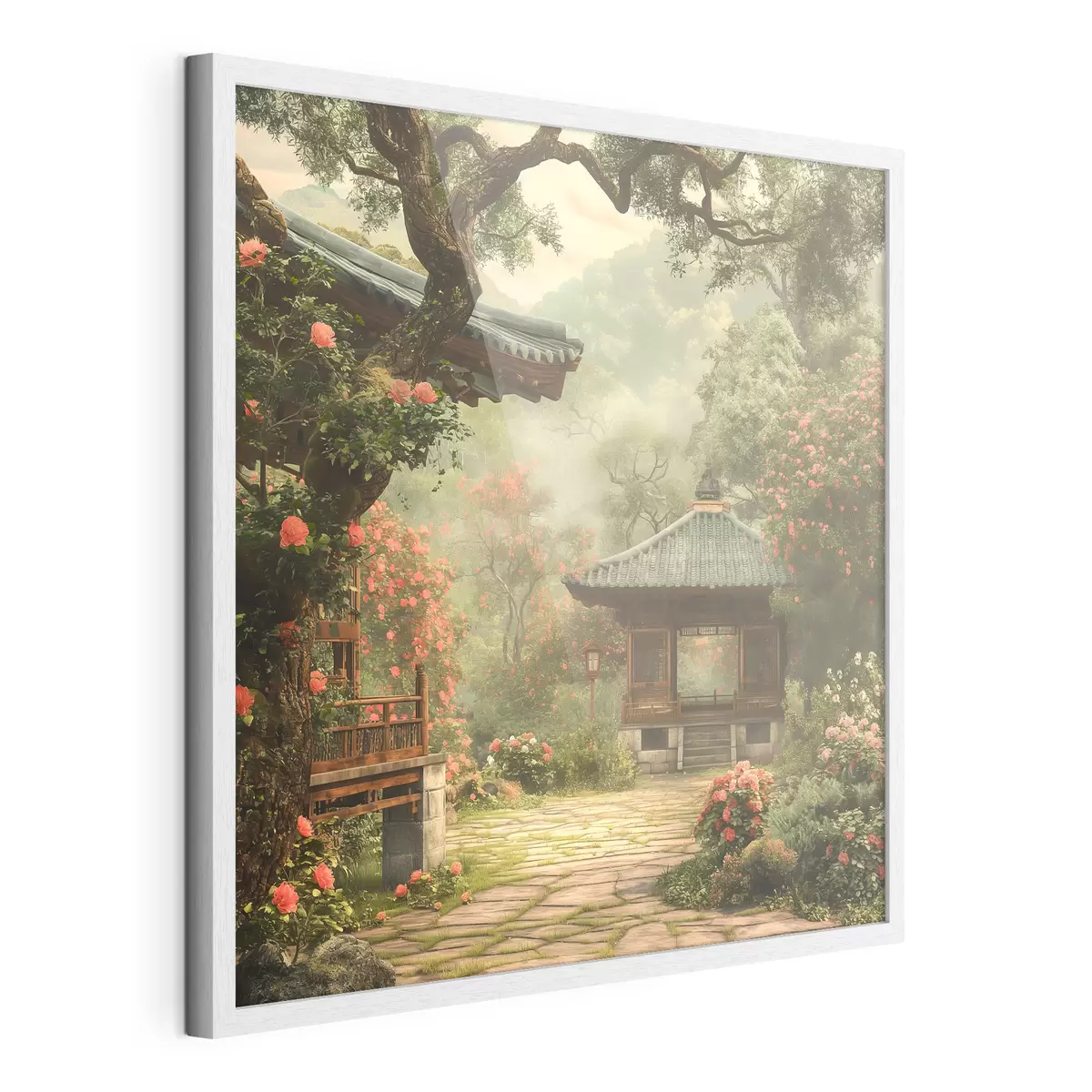 Poster Parque japonés con árboles y flores en flor, bosque, casa de madera f39773